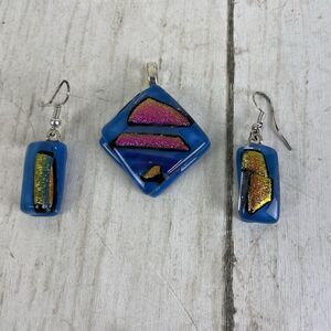 Blue Pink Dichroic Fused Glass Pendant & Earring Set
